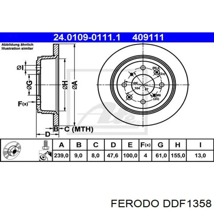 Disco de freno trasero DDF1358 Ferodo
