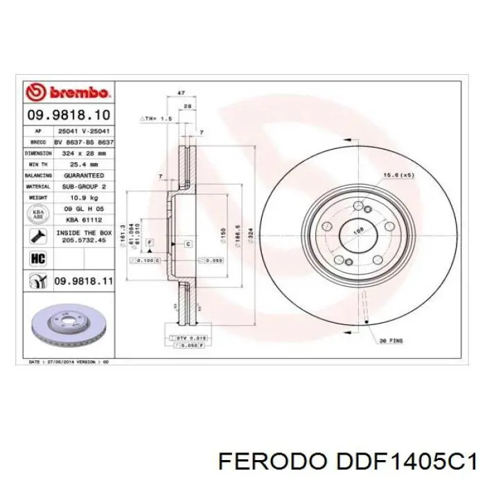 Freno de disco delantero DDF1405C1 Ferodo