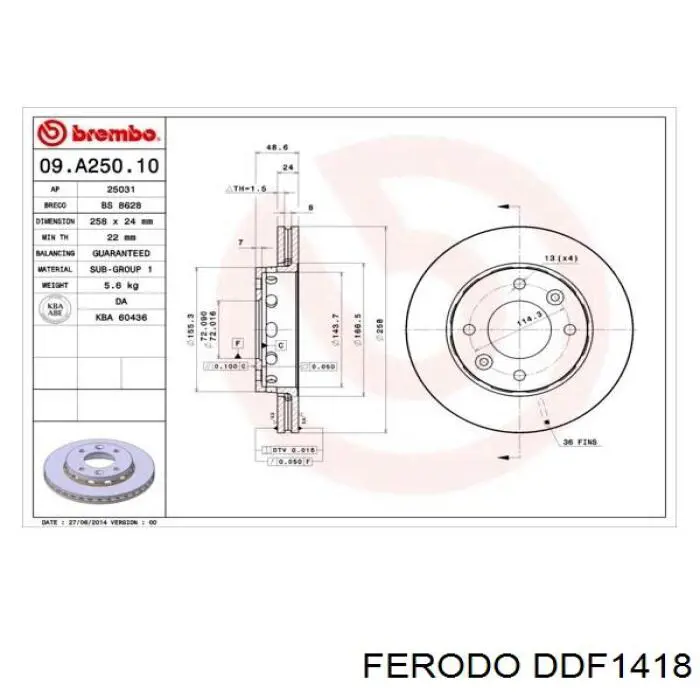 Freno de disco delantero DDF1418 Ferodo