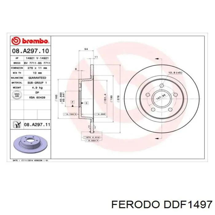 Disco de freno trasero DDF1497 Ferodo