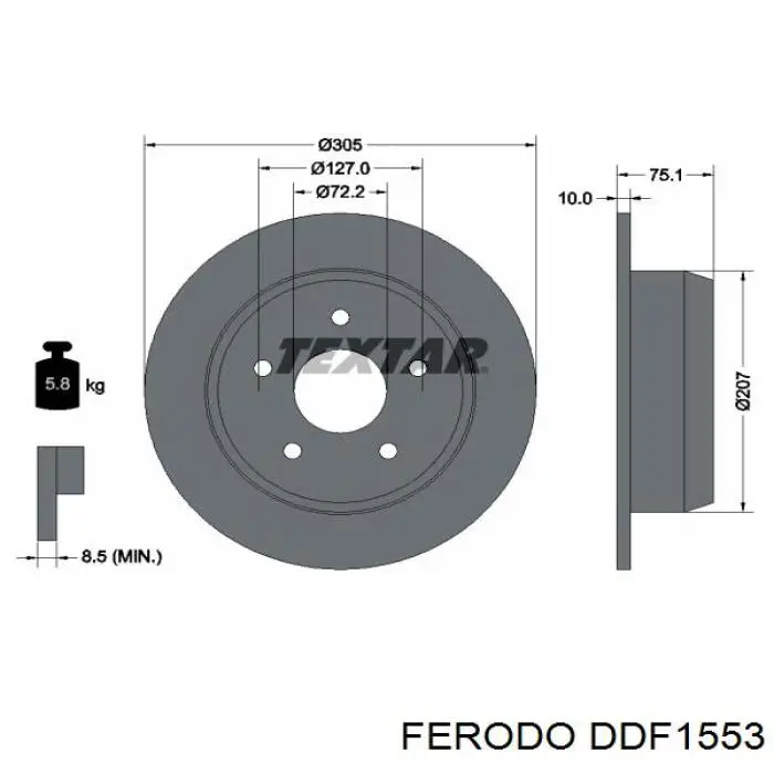 Disco de freno trasero DDF1553 Ferodo