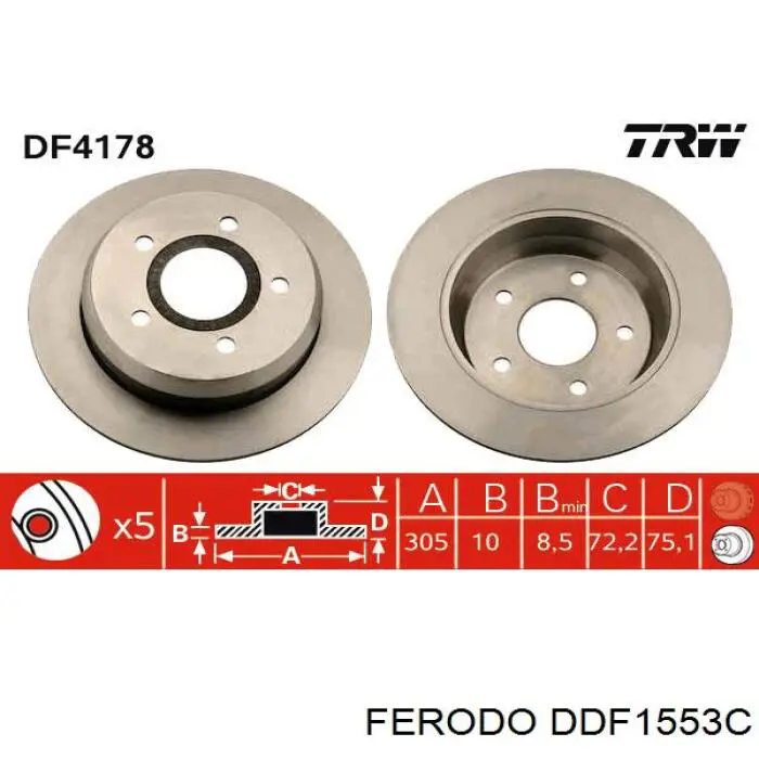Disco de freno trasero DDF1553C Ferodo