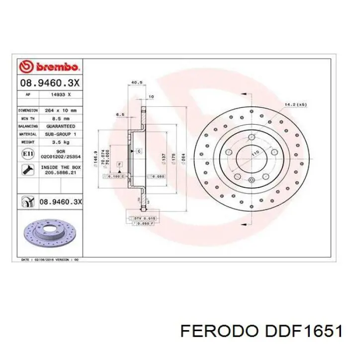 Disco de freno trasero DDF1651 Ferodo