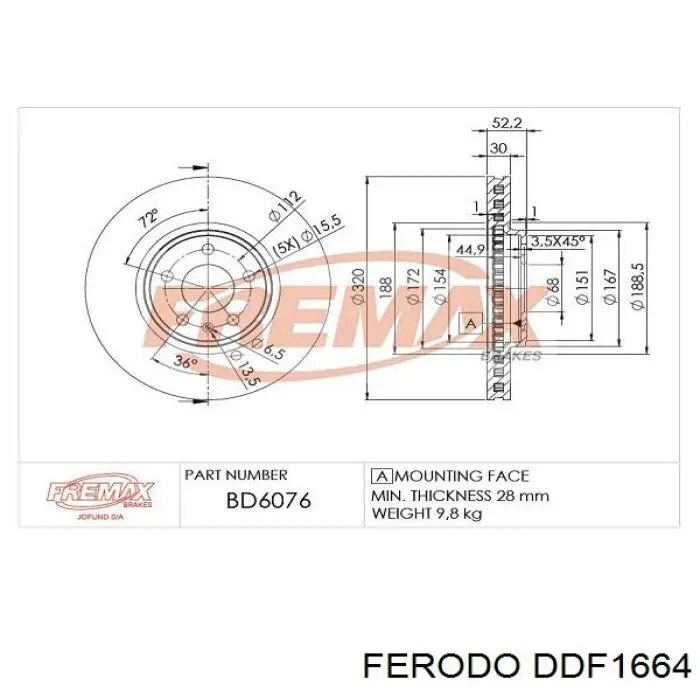 Тормоз дисковый передний Ferodo DDF1664 цена, от 64.16 USD