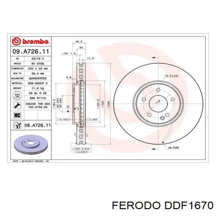 Freno de disco delantero DDF1670 Ferodo