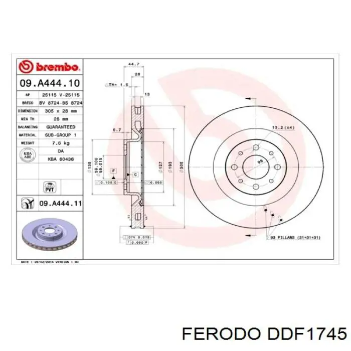 Freno de disco delantero DDF1745 Ferodo