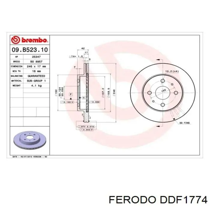 Freno de disco delantero DDF1774 Ferodo