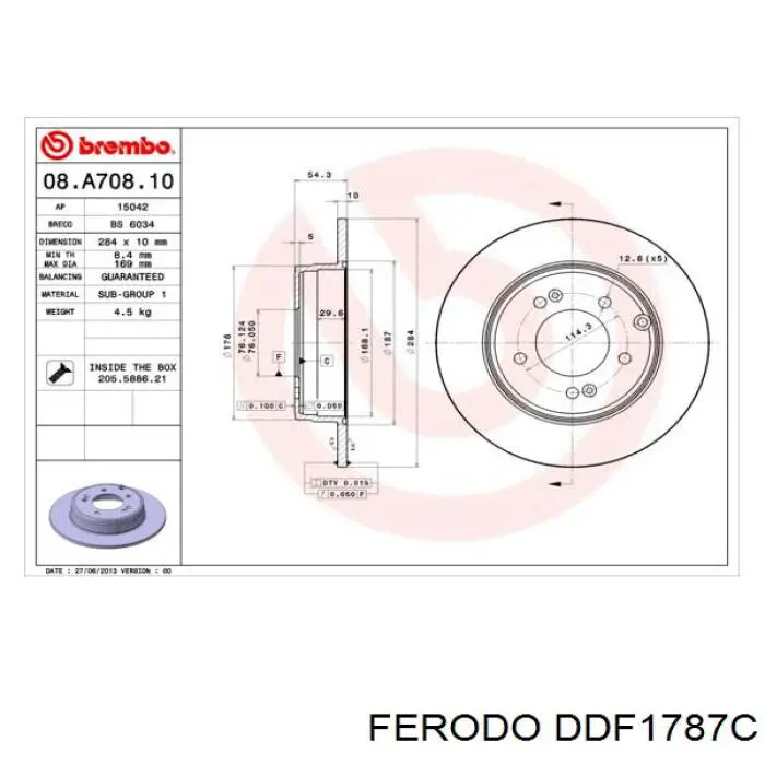Disco de freno trasero DDF1787C Ferodo