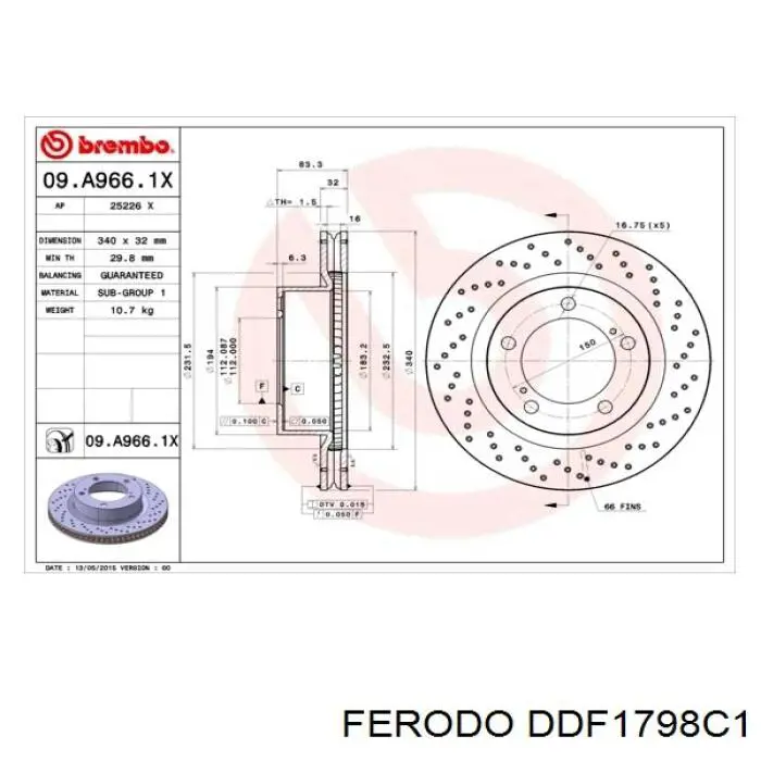 Freno de disco delantero DDF1798C1 Ferodo