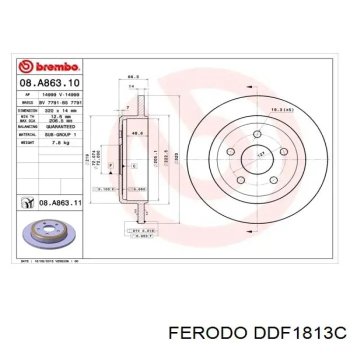 Disco de freno trasero DDF1813C Ferodo