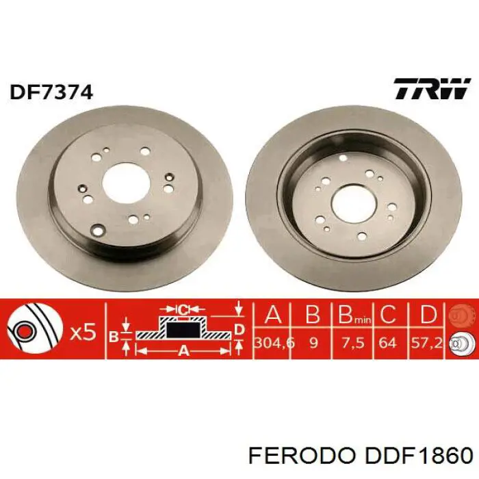 Disco de freno trasero DDF1860 Ferodo