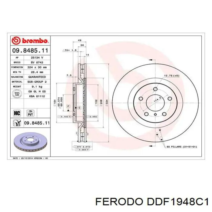 Тормоз дисковый передний Ferodo DDF1948C1 цена, от 86.91 USD