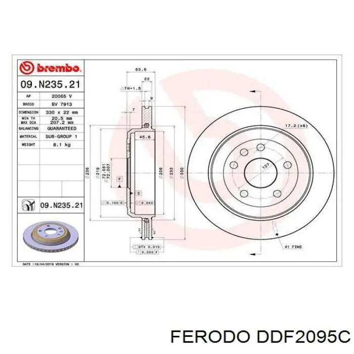 Disco de freno trasero DDF2095C Ferodo