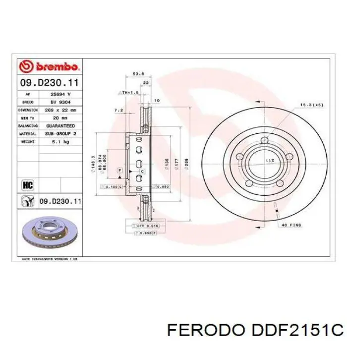 Disco de freno trasero DDF2151C Ferodo