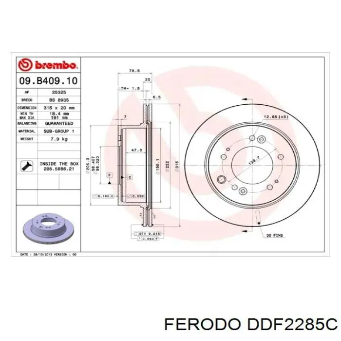 Disco de freno trasero DDF2285C Ferodo