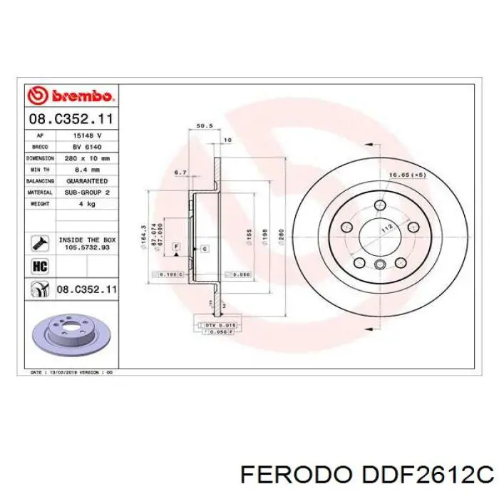 Disco de freno trasero DDF2612C Ferodo