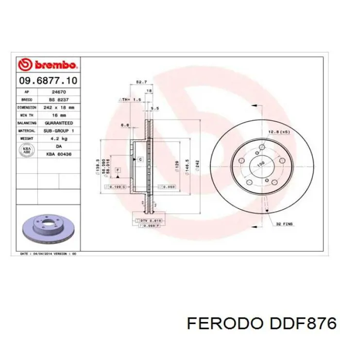 DDF876 Ferodo диск тормозной передний