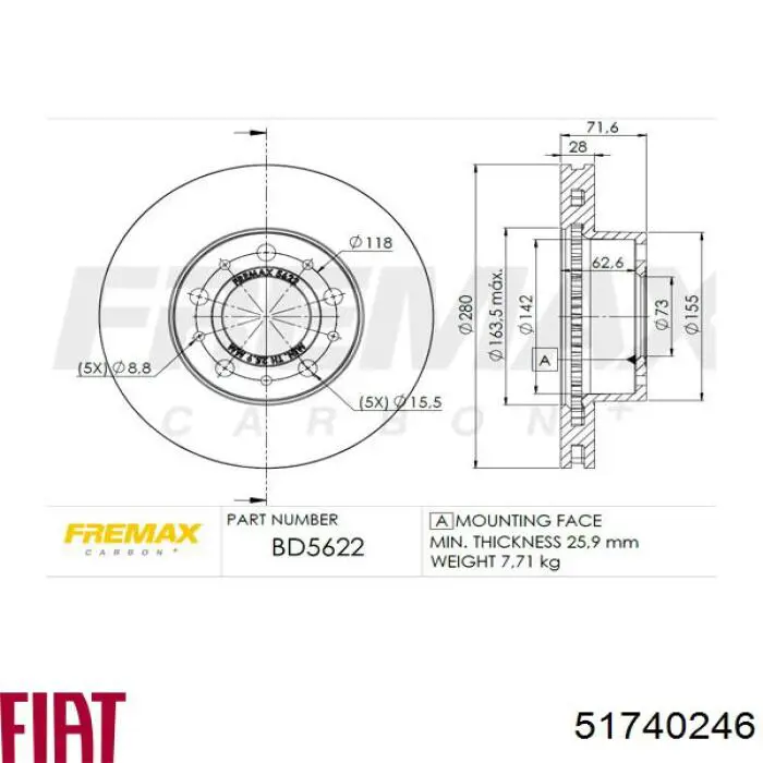 Тормоз дисковый передний Fiat/Alfa/Lancia 51740246 цена, от 40.25 USD