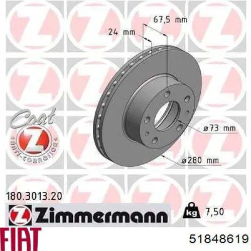 Тормоз дисковый передний Fiat/Alfa/Lancia 51848619 цена, от 37.46 USD