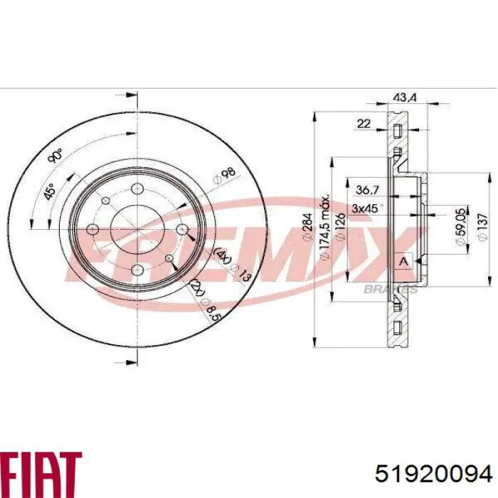 Тормоз дисковый передний Fiat/Alfa/Lancia 51920094 цена, от 33.51 USD