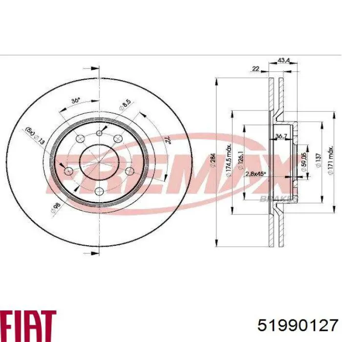 Передний тормозной диск Fiat/Alfa/Lancia 51990127