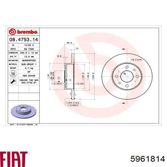 Тормоз дисковый передний Fiat/Alfa/Lancia 5961814 цена, от 22.66 USD