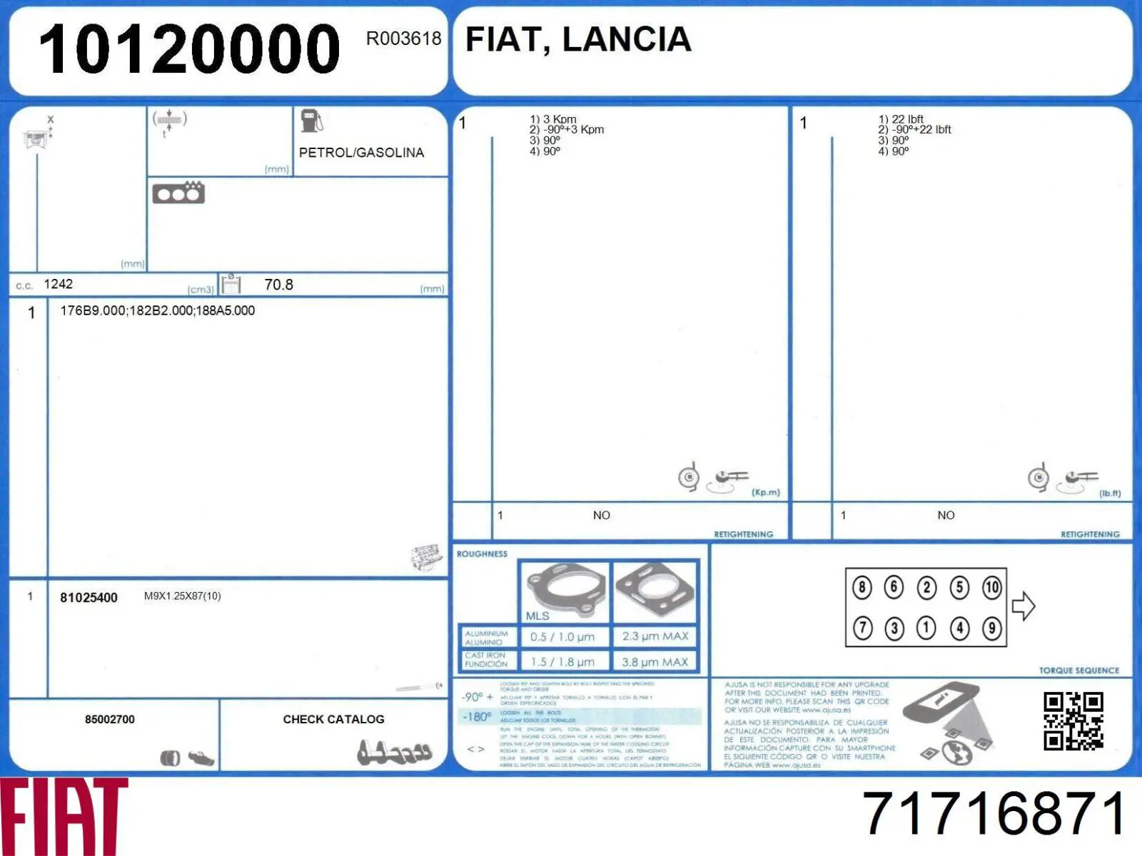 71716871 Fiat/Alfa/Lancia комплект прокладок двигателя полный