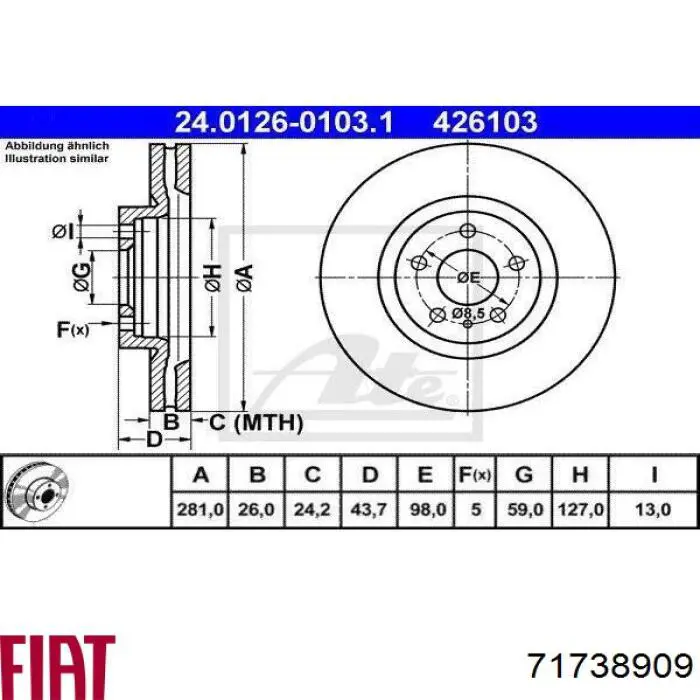 Тормоз дисковый передний Fiat/Alfa/Lancia 71738909 цена, от 37.48 USD