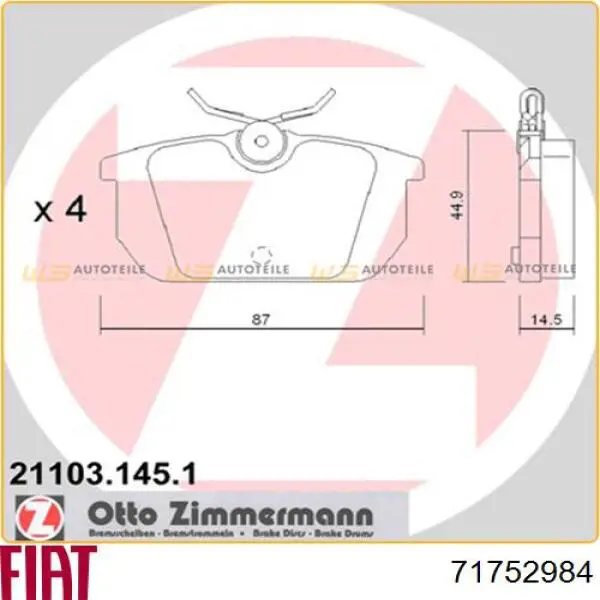 Задние дисковые колодки Fiat/Alfa/Lancia 71752984