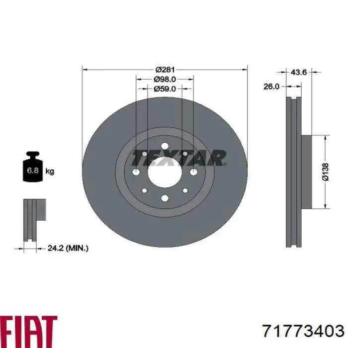 Тормоз дисковый передний Fiat/Alfa/Lancia 71773403 цена, от 166.28 USD
