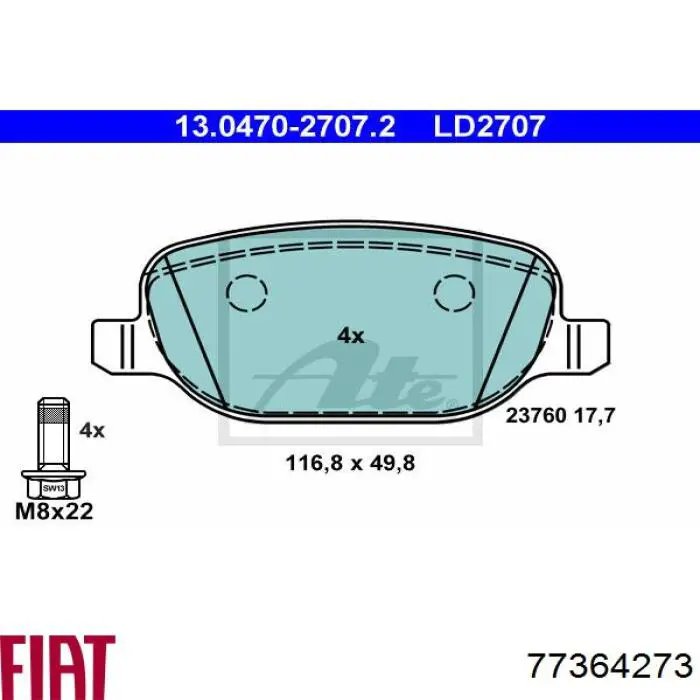Купить 77364273 Fiat/Alfa/Lancia Колодки тормозные задние, дисковые