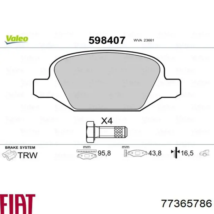 Задние тормозные колодки 77365786 Fiat/Alfa/Lancia