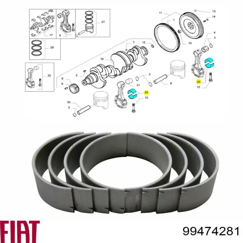 99474281 Fiat/Alfa/Lancia folhas inseridas principais de cambota, kit, 2ª reparação ( + 0,50)