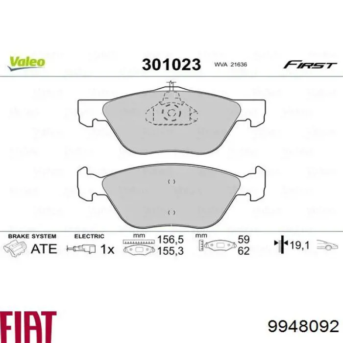 Передние тормозные колодки 9948092 Fiat/Alfa/Lancia