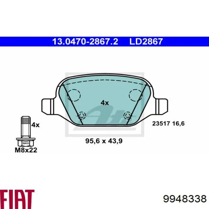 Задние тормозные колодки 9948338 Fiat/Alfa/Lancia