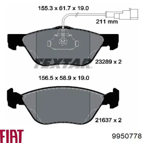 Передние тормозные колодки 9950778 Fiat/Alfa/Lancia