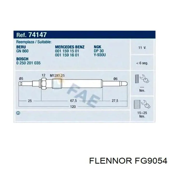 Свечи накала Flennor FG9054 цена, от 9.24 USD