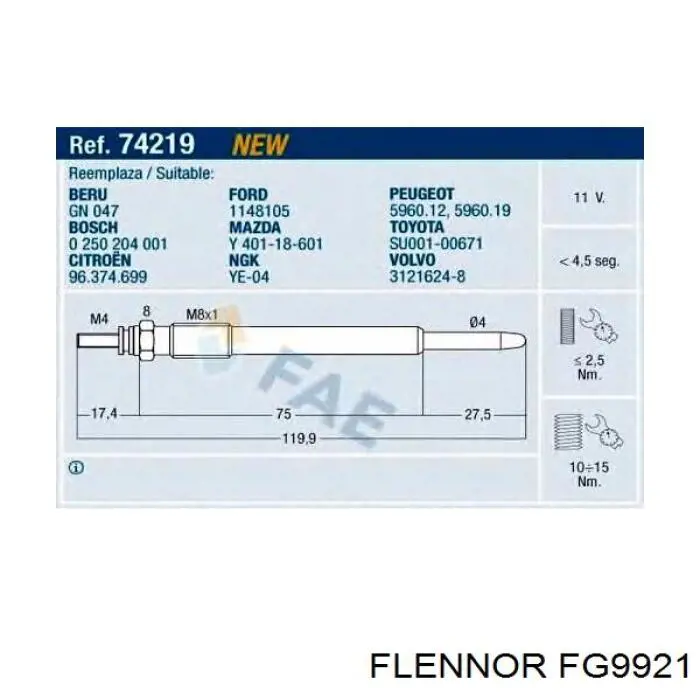 FG9921 Flennor Свечи накаливания