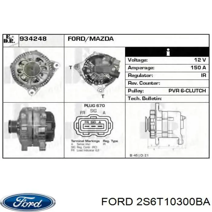Купить 2S6T10300BA Ford Генератор