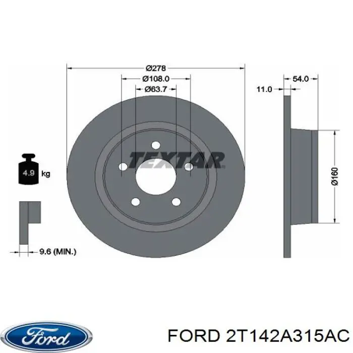 Купить 2T142A315AC Ford Диск тормозной задний