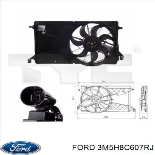 3M5H8C607RJ Ford диффузор радиатора охлаждения, в сборе с мотором и крыльчаткой