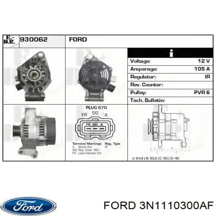 Автомобильный генератор Ford 3N1110300AF цена, от 69.68 USD
