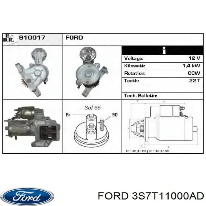 3S7T11000AD Ford motor de arranco