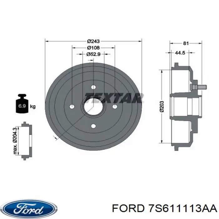 Купить 7S611113AA Ford Тормозной барабан
