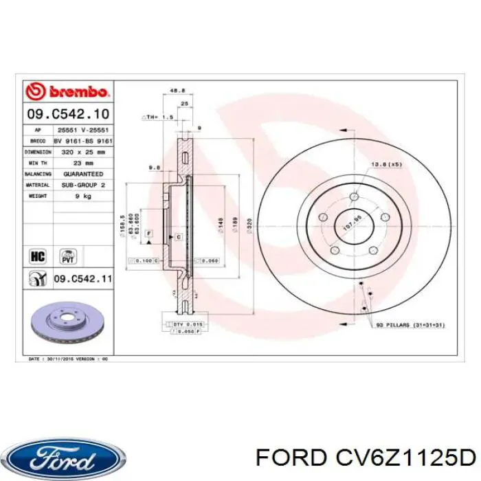 CV6Z1125D Ford disco do freio dianteiro