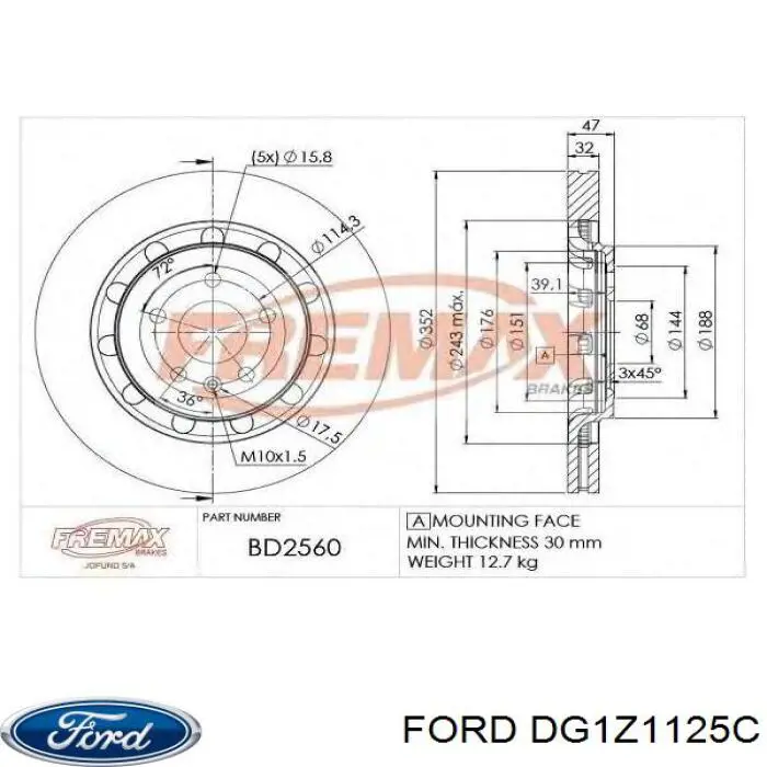 Передние тормозные диски DG1Z1125C Ford