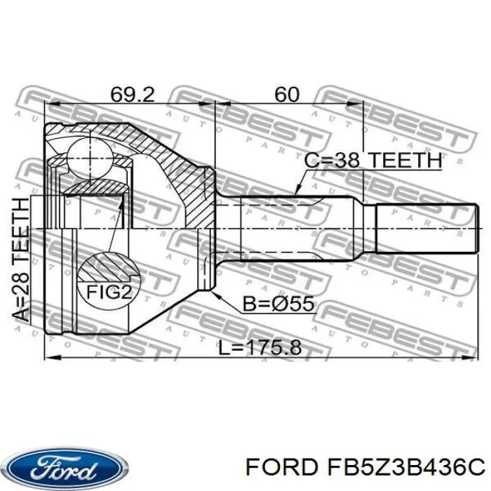 Полуось (привод) передняя правая FB5Z3B436C Ford