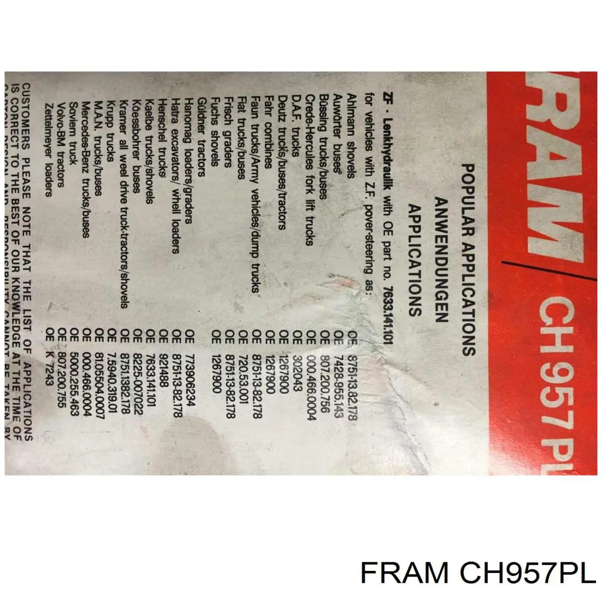 Фильтр ГУР Fram CH957PL цена, от 12.87 USD