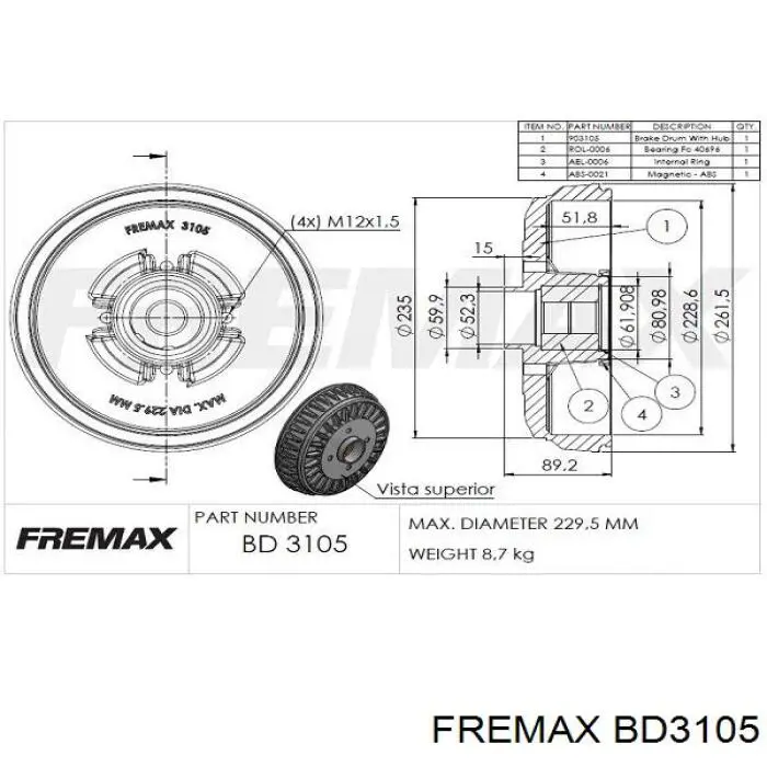 BD3105 Fremax tambor do freio traseiro