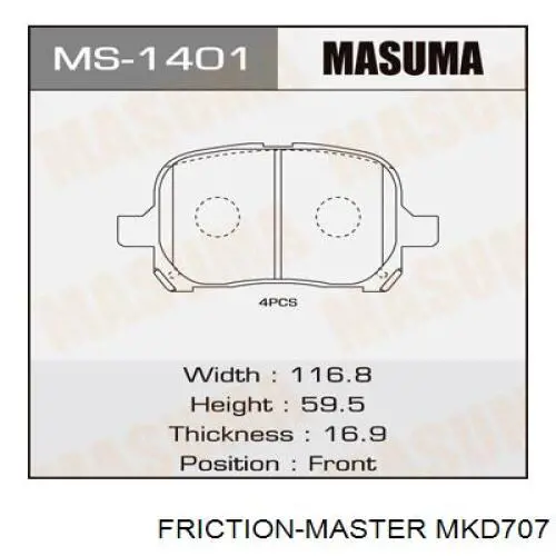 Передние тормозные колодки MKD707 Friction Master